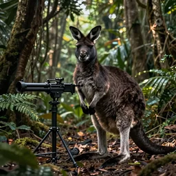 photograph of a black Kangaroo spying in a dense jungle, military kangaroo, machine gun