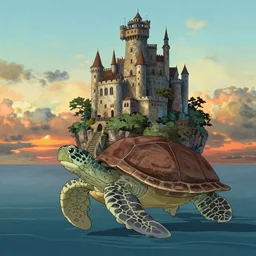 an island with a giant castle on top held up by the shell of a giant turtle in the ocean, sunset, drawn by hayao miyazaki, hi res, 4k