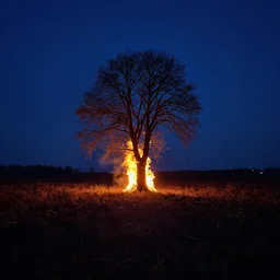 wide scene of a lone tree in a field on fire under night sky, by balthus