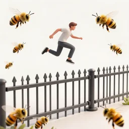 A short man jumping over a tall fence while being surrounded by an abundance of bees, backdrop of floating skyscrapers over encompassed by clouds, beautiful sunset