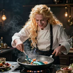 an evil cook cooking a real mermaid in a pan