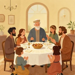 Josh Agle artwork of a family celebrating Passover