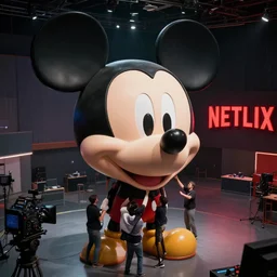 a giant mickey mouse animatronic head in a studio hall being lifted up by netflix workers, a glowing netflix sign in the background on the right, film studio equipment everywhere, photography, high angle view, cinematic, deep depth of field