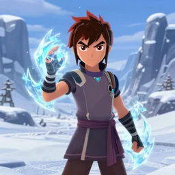 A Prince Zuko, with Ice Powers, standing in a snowy vista. Still from Avatar the Last Airbender (2009).