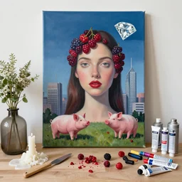 “ a portrait in a female art student ’ s apartment, a berry and a big diamond, skyscraper, pork, art supplies, paint tubes, palette knife, pigs, ikebana, herbs, a candle dripping white wax, squashed berries, acrylic and spray paint and oilstick on canvas, surrealism, neoexpressionism ”