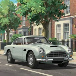 a wholesome animation key shot of one focused aston martin db 5, on a residential london street, trees, medium range, studio ghibli, pixar and disney animation, sharp, very detailed, unreal engine 5 render, high resolution, anime key art by greg rutkowski