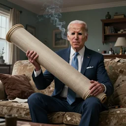 joe biden is holding a giant rolled up joint while sitting on a couch in a messed up apartment, stoned eyes, smoke, beautiful digital art, amazing detail, artstation, award winning, sharp