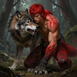 portrait of a savage young fit male werewolf attacking, wolf head, partially male hairy torso, fur covered legs, feral scene, by greg rutkowski and alphonse mucha, d & d character, gradient red to black, in front of a forest background, highly detailed portrait, digital painting, artstation, concept art, smooth, sharp focus ilustration, artstation hq