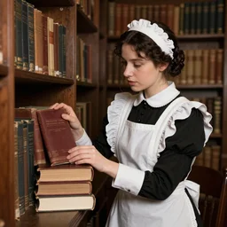 a victorian - era maid inside a library cleaning, ultra realistic, books, maid, studio lighting, warm lighting, matte