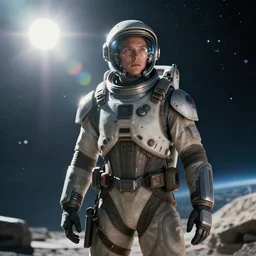 a future space explorer from the year 3033, cinematic, portrait, sci-fi, greg rutkowski, lens flare