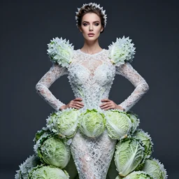 expressive portrait photo of a beautifull woman in lace dress with ice crystals, dress made of cabbages, glamour shot, by karol bak, stefan gesell, photorealistic, nikon d 4 x, fashion photography, hyper maximalist, elegant, ornate, luxury, elite, environmental portrait, symmetrical features, octane render, unreal engine, solid dark grey background, dramatic lights