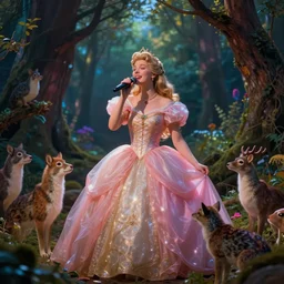 A beautiful experimental art of Princess Aurora singing in the woods while surrounded by animals. She looks so peaceful and content in the company of the animals, and the colors are simply gorgeous. colorful lighting by Jeannette Guichard-Bunel harrowing