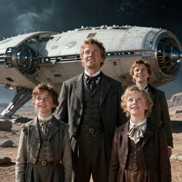 extra sharp, detailed, film still from a blockbuster sci fi 8 k color movie, set in 1 8 6 0, family standing in front of a crashed spaceship, on alien planet, looking happy, wearing 1 8 5 0 s era clothes, atmospheric lighting, in focus, reflective eyes, 3 5 mm macro lens, live action, nice composition, good photography, clear facial details