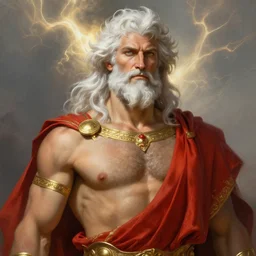 painted portrait of rugged zeus, god of thunder, greek god, white hair, masculine, mature, handsome, upper body, tapered, red and gold, muscular, hairy torso, fantasy, intricate, elegant, highly detailed, digital painting, artstation, concept art, smooth, sharp focus, illustration, art by gaston bussiere and alphonse mucha