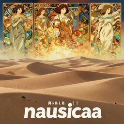 anime movie screenshot, by ( ( ( ( ( ( ( yoshitaka amano ) ) ) ) ) ) ), by ( ( ( ( ( ( ( alphonse mucha ) ) ) ) ) ) ), ghibli!!! nausicaa!!!!!, desert!!!!!!!!!!!, sand, scenic, miyazaki