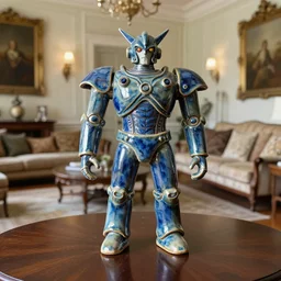 amazing pottery piece in the shape of a mech with a stunning glaze, on table in elaborate livong room, in style of tom cross
