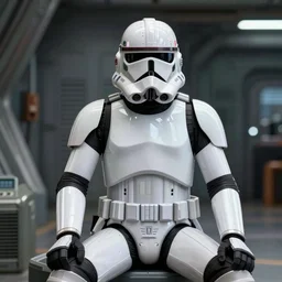 a star wars phase 2 clone trooper, highly detailed, sitting in a space hangar, artstationhq, detailed, digital art
