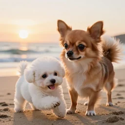 a photorealistic closeup image of a cute brown colored long haired chihuahua cocker spaniel dog as well as a smiling white bichon frise puppy playing on the beach. sunset, surf, brightly lit scene. fine detail. nice composition. 4 k hd unreal engine