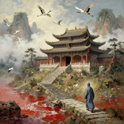 a gorgeous landscape painting by barlowe wayne, maxfield parrish and marco mazzoni. an abandoned chinese temple. red - crowned cranes are flying through the clouds and mist among the mountains. birds. a lonely chinese grey blue monk walks on the winding stone steps, 3 d, octane render, turbulent blood lake, 8 k.