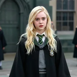 elle fanning as a slytherin student in the style of the video stranger things, paprika, white on silver on green