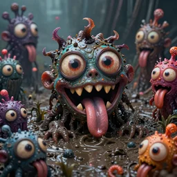 intricate colorful darkness of sewage with strange cute friendly crazy creatures with huge beautiful eyes, long tongue, triangular crooked teeth and a scary face emerging from the mud, in the style of craola, shallow depth of field, highly detailed, digital painting, trending artstation, concept art, illustration, cinematic lighting, vibrant colors, photorealism, epic, octane render