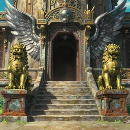 memorable animation key shot of a temple, stone steps, symmetrical brass lion statues, steel angel wings, sunlight, entrance, paper texture, detailed, ornate, rust, art deco, metal rivets, by ghibli, shinji kimura, background art, fantastic architecture, cinematic lighting