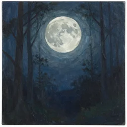 An impressionistic painting of the moon in a forest by Karol Bak