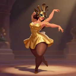 an animation fantasy illustration of a beautiful ancient dancer, thick tights, curvy, wearing a beautiful intricately detailed steam punk crow mask and clasical gold short dress, by nathalia suellen, disney, beautiful dynamic epic lighting, shadows, romantic atmosphere, artstation, cartoon art, octane render, 8 k