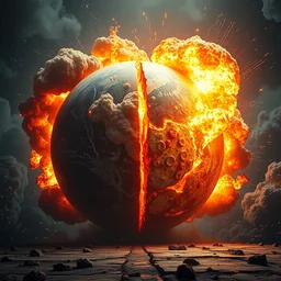 the earth is blown up by a big pizza explosion and split in two, epic, high details, dramatic lighting, 8 k