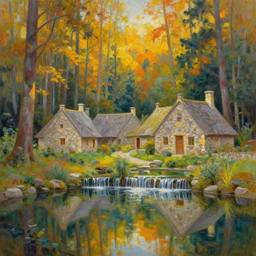 a painting of sparse stone cottages underneath a dense tall forest, with pristine reflex from cascading ponds. gorgeous, elegant, sophisticated, an ultrafine painting, intricate brush strokes, bright depth oil colors, 2 8 mm multisourced photography by araken alcantara. intense promiseful happiness, autumn sunrise warm light, detailed and intricate environment. hopeful. bodyscapes