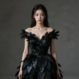 hight focus of a wonderful realistic focused sweet wonderful symmetrical mid portrait of a lonely woman, her dress is like a realistic black raven plumes, image in center, dramatic light, octane render - 8 k