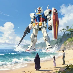 A serene coast with a GIANT MECHA GUNDAM, wizard, bright sunny waves splashing on the beach, rendered by Simon Stålenhag, rendered by Beeple, Makoto Shinkai, syd meade, environment concept, digital art, Gundam style, Star Wars, unreal engine, 3 point perspective, WLOP, trending on Artstation, low level, 4K UHD image, octane render, DALL-E 2
