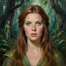 Portrait of Carrie Fisher in Star Wars (1977) as a dryad, characteristic sparkling green eyes, looking straight to the camera, illuminated for rays of light, behind her is an ancient forest full of life, by Annie Leibovitz, Ellie Victoria Gale and Steve McCurry, matte painting, oil painting, naturalism, 4k, 8k