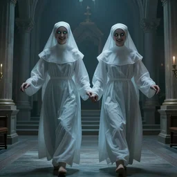award winning photo Floating twin nuns wearing translucent habits Very long arms, smiling, in a sanctuary, eerie, frightening, glowing eyes —width 1024 —height 1024