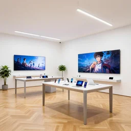 pbr materials ( ( ( minimalist neon flagship samsung store, white walls. oak parquet floor. hanging lights. geometric furniture, large digital screens. display tables with phones and tablets, potted plants ) ) ) concept art, john berkey, makoto shinkai, yoji shinkawa, wadim kashin, artstation, 4 k