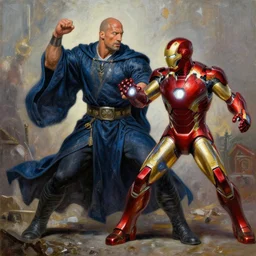dwayne johnson as stunning male master wizard fighting iron man, highly detailed painting by gaston bussiere, craig mullins, j. c. leyendecker, 8 k