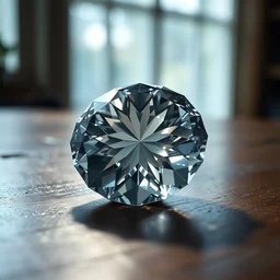 dslr closeup photo still of a massive faceted cut diamond on an oak table with realistic caustics on table, 8 k, 8 5 mm f 3. 6