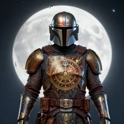 the mandalorian surrounded by starlight, moon behind him, armor decorated withthai yantra lacquer gilded, fantasy, intricate, elegant, hyper detailed, ultra definition, photoreal, artstation, unreal engine rendered, concept art, smooth, sharp focus, illustration, art by artgerm and greg rutkowski and alphonse mucha and garis edelweiss