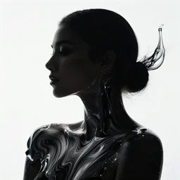 beautiful face silhouette in liquid fluid simulation, female upper body, beautiful supermodel, black wave patterns