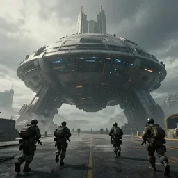 Video game Key Art, Armed soldiers run toward a massive futuristic transporter on a gloomy overcast day, dappled lighting, foreshortening, 8k, unreal engine, Large mega structure in the distance