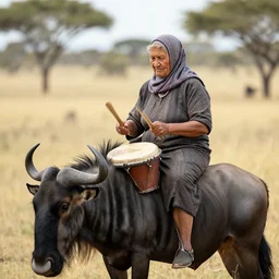 a babushka playing drums while sitting on a wildebeest