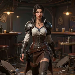 character portrait of a female lavellan from dragon age walking through a destroyed dive bar wearing inquisitor clothes, with a realistically proportioned face, realistically rendered face, enhanced face, 3 d model, 3 d headsculpt, headsculpt, illustration, digital painting, realistic lighting, photorealistic eyes, good value control, realistic shading, substance painter
