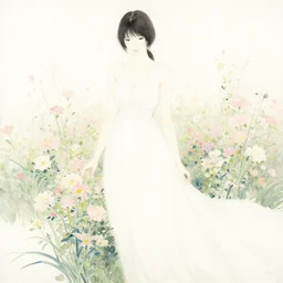 kirchner, impressionist watercolor strokes, delphin enjolras, high - angle dramatic portrait of the nature goddess on a white background by bruce pennington and yoshitaka amano, minimalist japanese watercolor, fine art america, long dress and pastel flowers