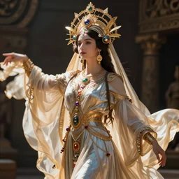 queen of summer by Annie Swynnerton and Nicholas Roerich, strong dramatic cinematic lighting , ornate headdress , flowing robes, lost civilizations, smooth, sharp focus, extremely detailed