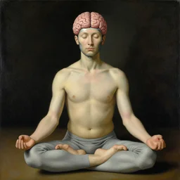 man wearing brain - interface meditating. painted by hieronymus bosch
