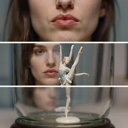 beautiful three point perspective film still of holly herndon in merce cunningham, extreme closeup portrait in style of frontiers in blade runner miniature photography fashion architectural art studio edition, real - life porcelain statue in victorian glass jar, pursed lips, anatomically correct, pointe pose, tilt shift background, sharp focus, panavision, 8 k, macro, cinematic style, split screen