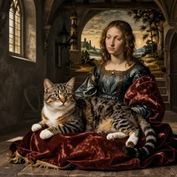 sill life with a cat with a medieval house interior, Botticelli style