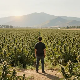 a man standing on a clearing at the biggest marijuana field ever with his back to the camera, looking at the mountains, wide angle photo very realistic flare effect, hazy