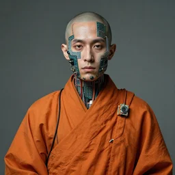 portrait of a techno monk in orange robes with wires and circuit boards coming out of his face by francisco goya