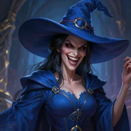 a lady with dark hair in a blue robe and blue wizard hat, evil grin, laughing maniacally. d & d, intricate, elegant, volumetric lighting, scenery, digital painting, highly detailed, artstation, sharp focus, illustration, concept art, ruan jia, steve mccurry